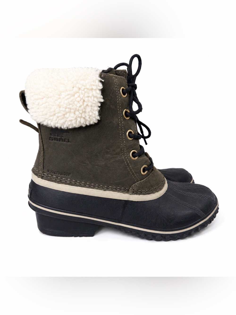 Sorel Slimpack Olive Green Snow Waterproof Winter Boots Shearling SZ 9 - Picture 2 of 6